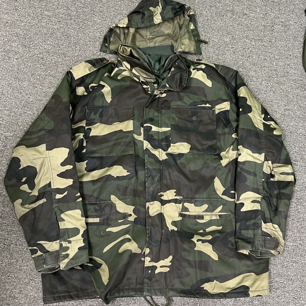 Unbranded Camouflage Field Jacket Mens 2XL Green Woodland Quilted Hooded Utility